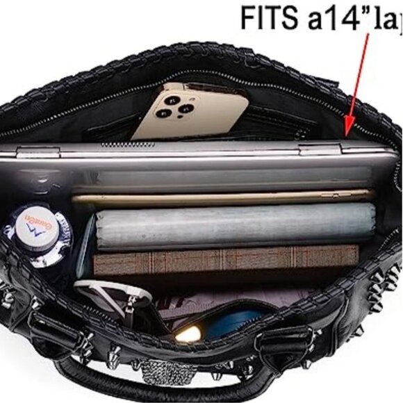 UTO Women's Black Faux Leather Skull Rivet Studded Large Tote Purse Handbag - Picture 8 of 16